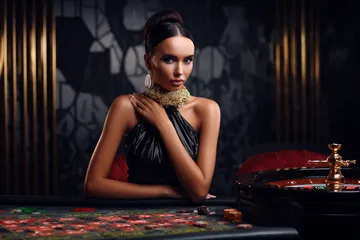 TG8807 Slots - Nhiều chủ đề hấp dẫn và cơ hội jackpot Một cô gái đứng cạnh các máy slot rực sáng, thể hiện sự phong phú của danh mục slot tại TG8807.